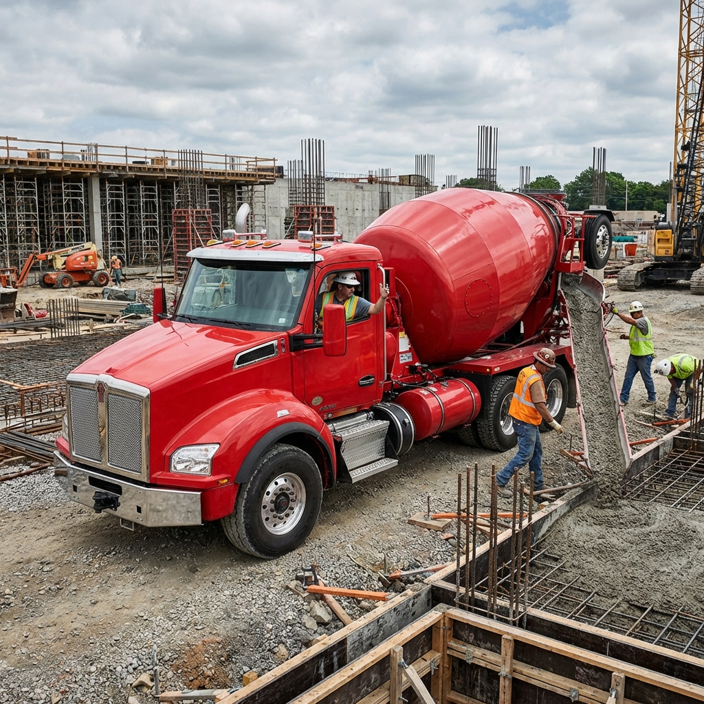 PB30 truck delivering premixed concrete at construction site